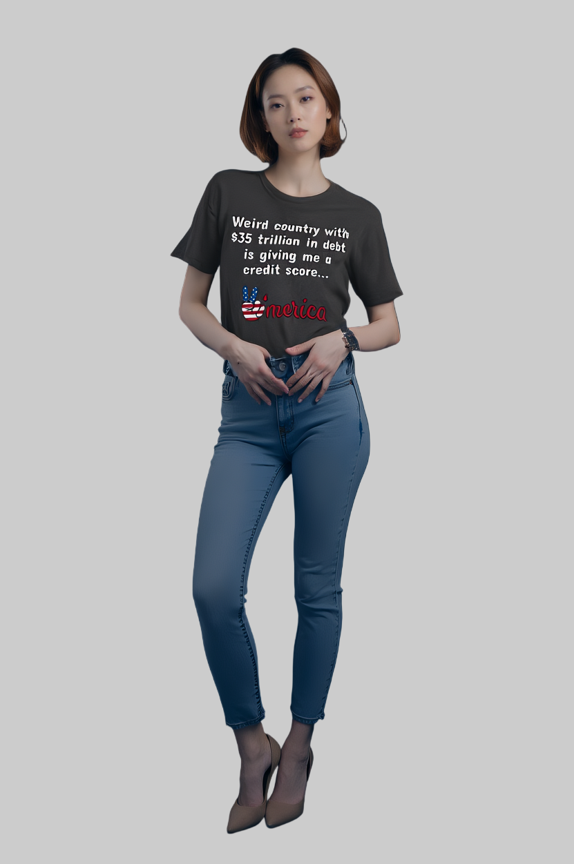 Woman wearing a black t-shirt with text and graphics on a dark background